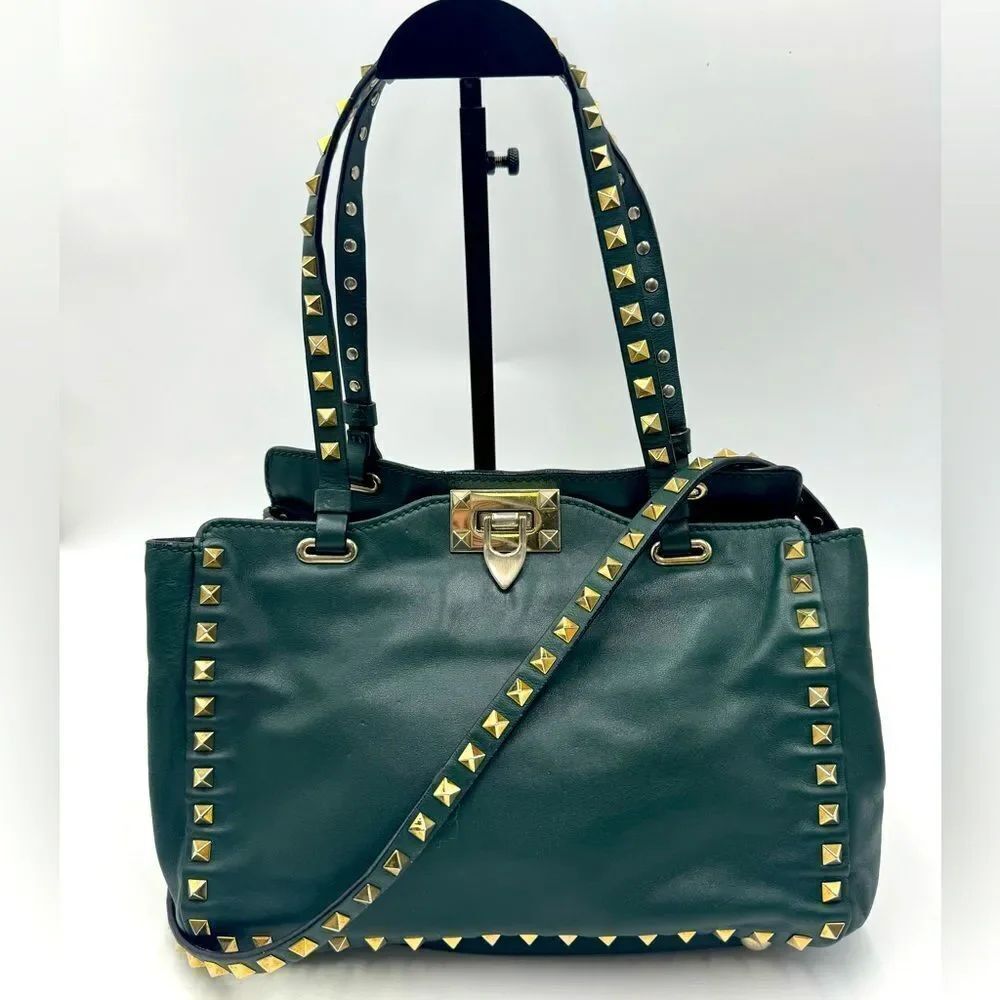 Auth Valentino Garavani Forest Green Leather Rockstud 2way Trapeze Shopper Tote
